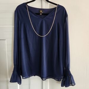 JM Collection Navy Top with Ruffle Cuffs Size 2x Removable Necklace Sheer Sleeve